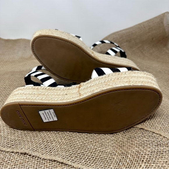 MIU MIU Black and White Striped Canvas Platform Espadrilles Wedges - Picture 7 of 10
